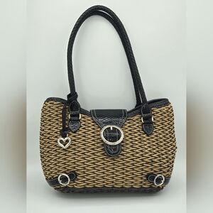 BRIGHTON Black Embossed Leather And‎ Woven Straw Purse Multi-Pocket